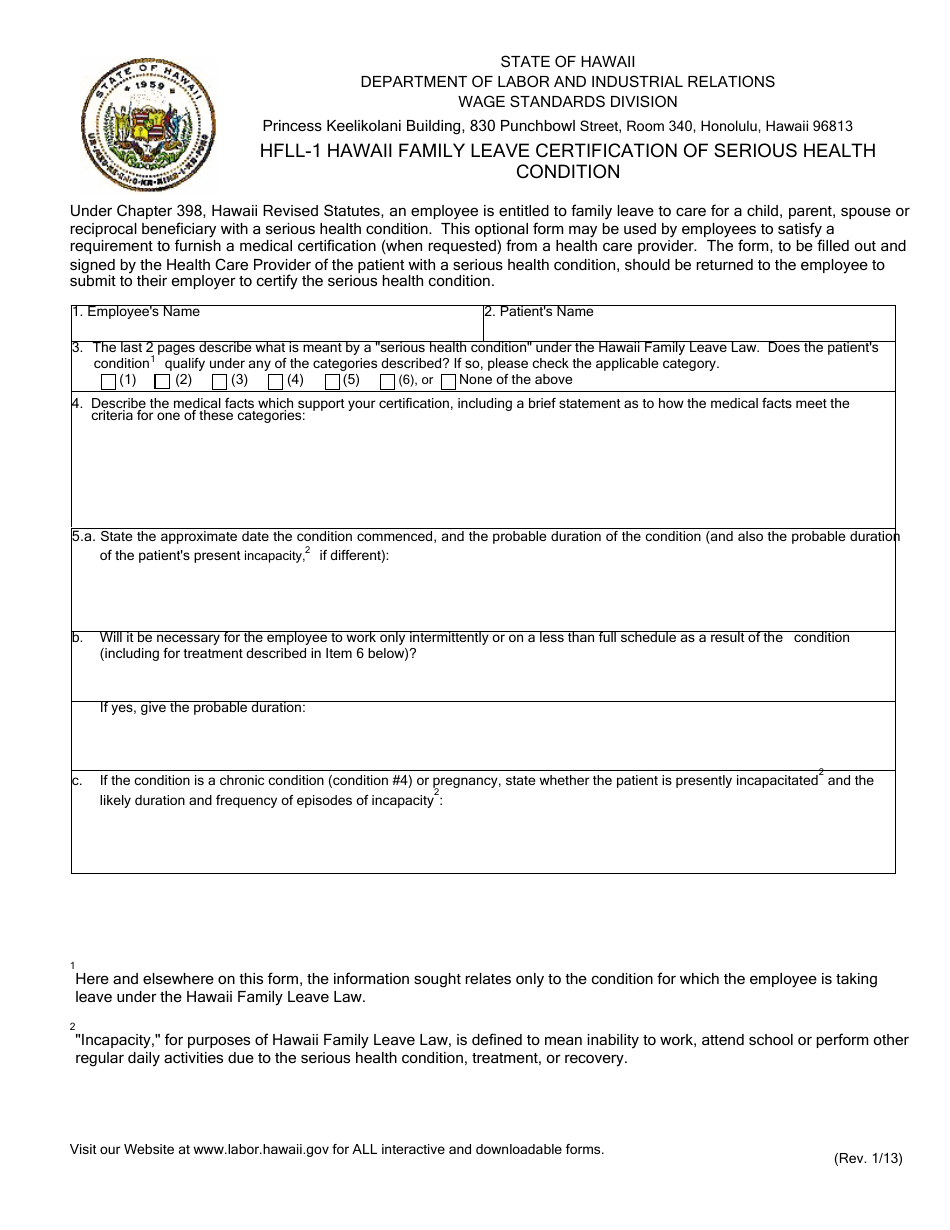 Form HFLL-1 Optional Form for Certification of a Serious Health Condition by a Health Care Provider - Hawaii, Page 2