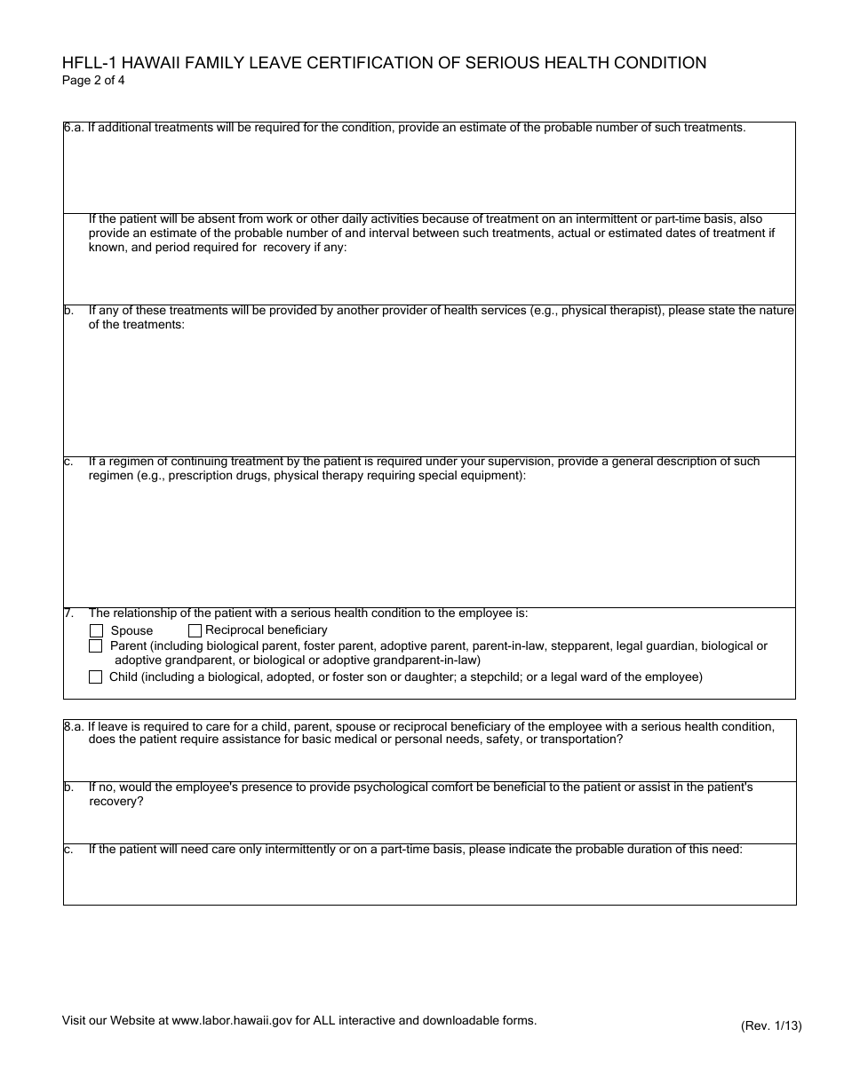 Form HFLL-1 Optional Form for Certification of a Serious Health Condition by a Health Care Provider - Hawaii, Page 3
