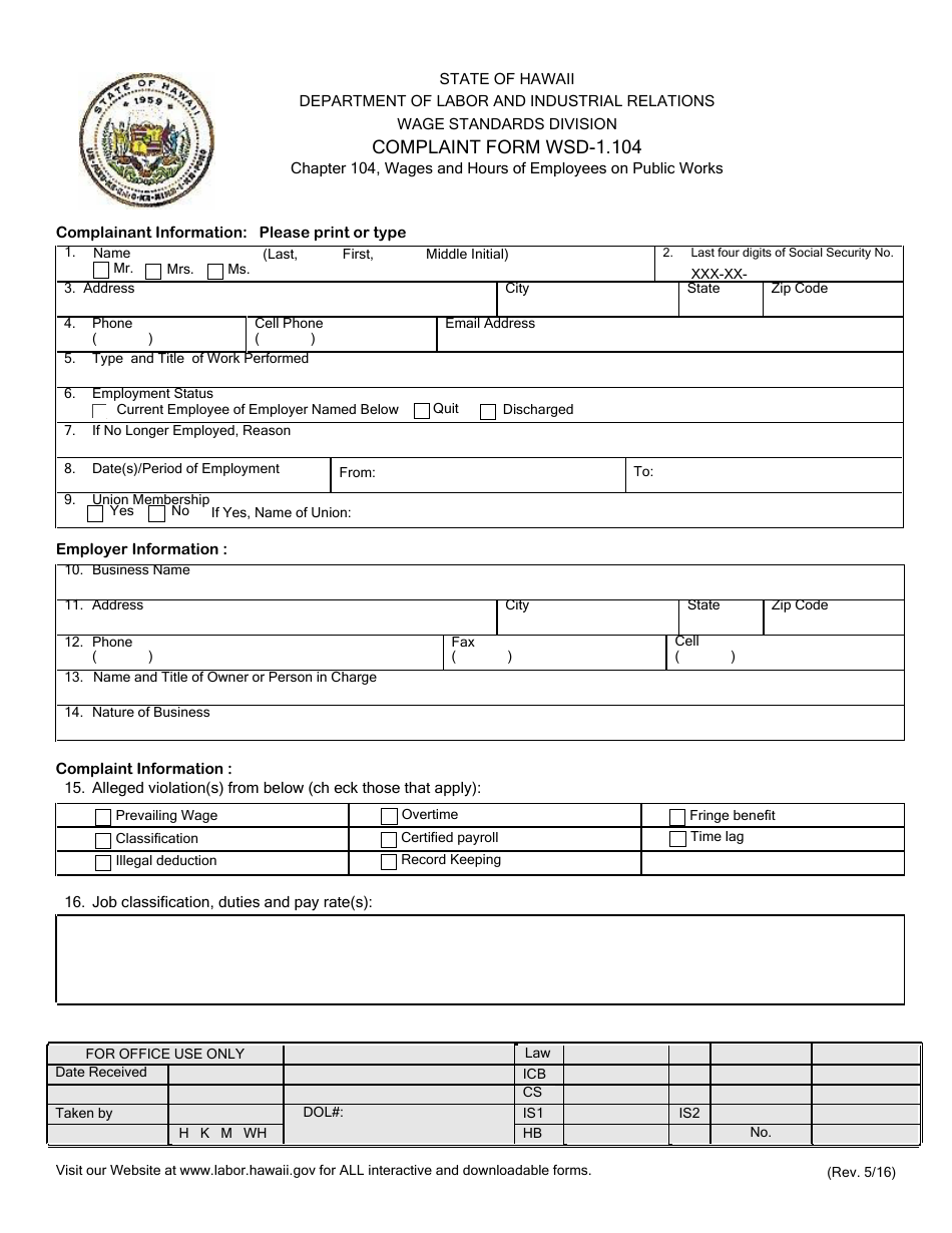 Form WSD-1.104 Complaint Form - Hawaii, Page 2