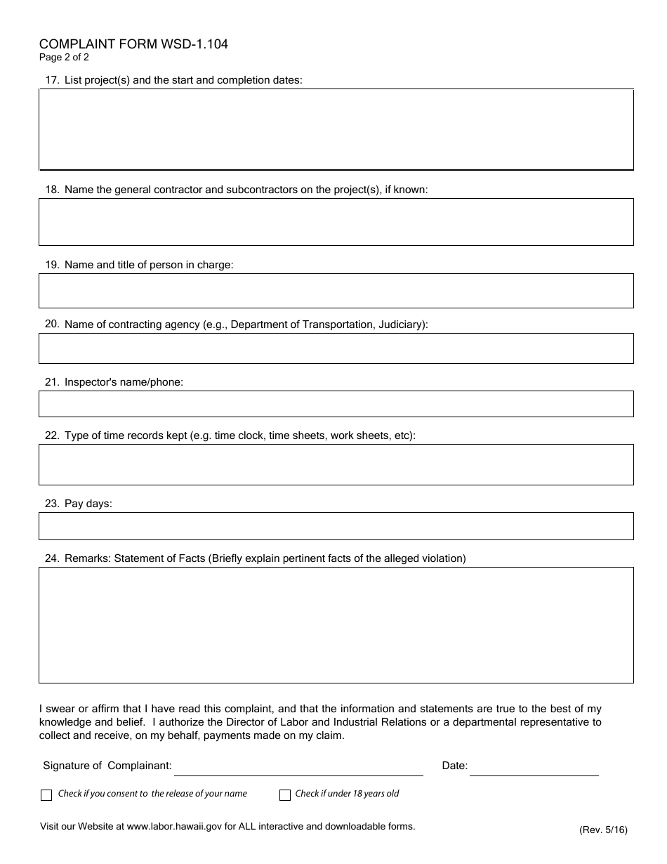 Form WSD-1.104 Complaint Form - Hawaii, Page 3