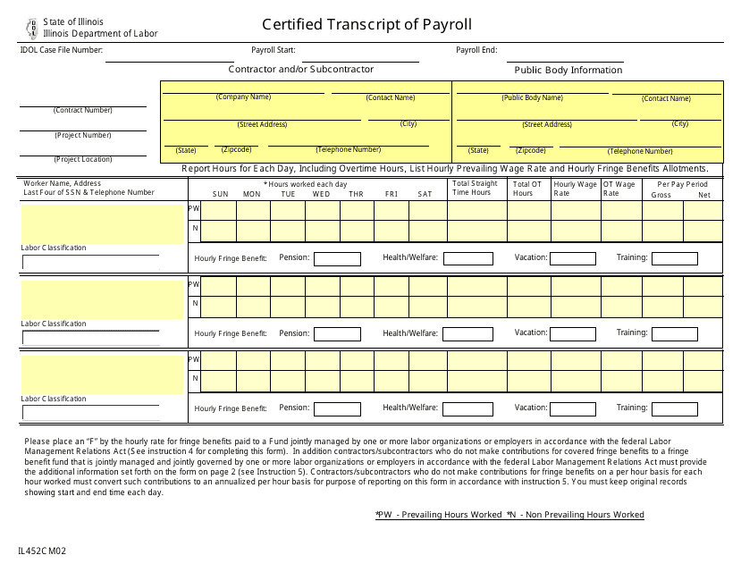 Form IL452CM02 Certified Transcript of Payroll - Illinois