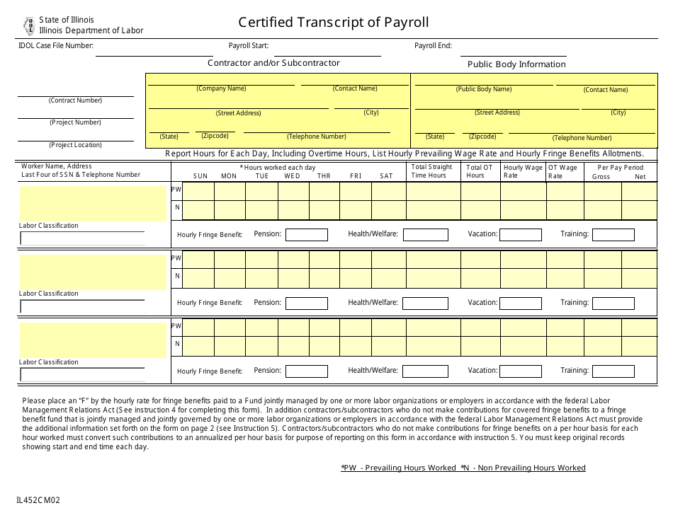 Form IL452CM02 Certified Transcript of Payroll - Illinois, Page 1
