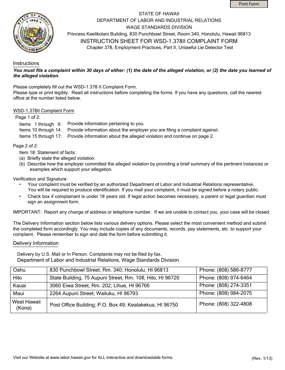 Form WSD-1.378II Complaint Form - Hawaii, Page 1
