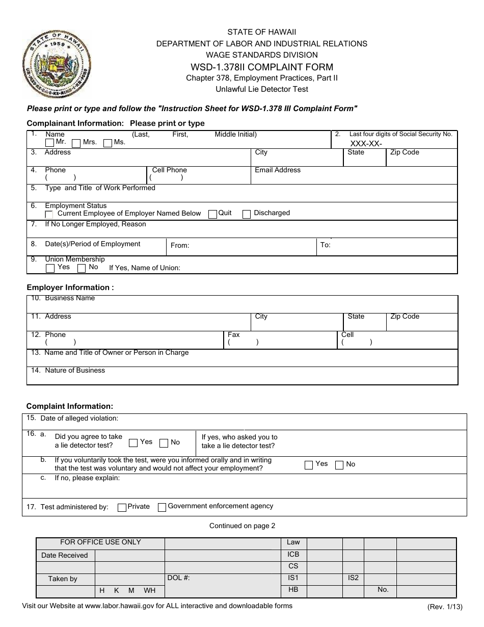 Form WSD-1.378II Complaint Form - Hawaii, Page 2