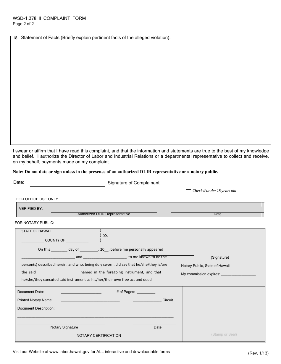 Form WSD-1.378II Complaint Form - Hawaii, Page 3