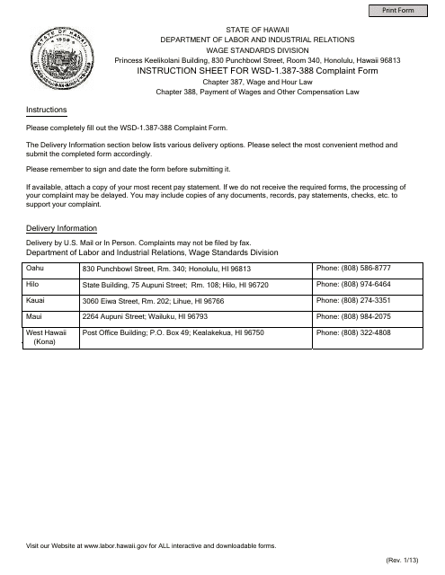 Form WSD-1.387-388 Complaint Form - Hawaii
