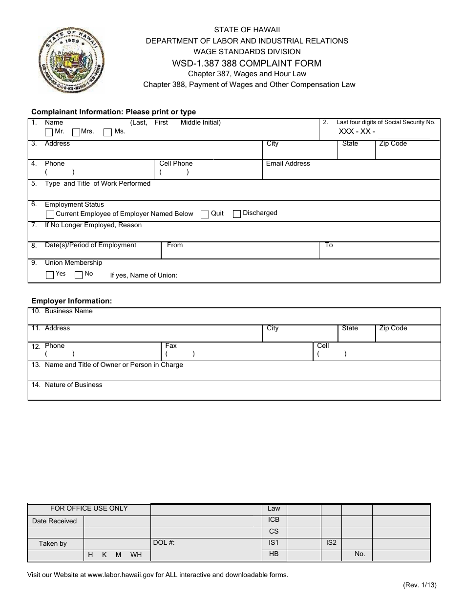 Form WSD-1.387-388 Complaint Form - Hawaii, Page 2