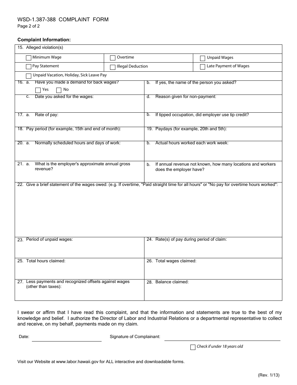 Form WSD-1.387-388 Complaint Form - Hawaii, Page 3