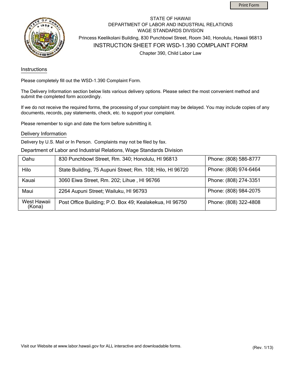 Form WSD-1.390 Complaint Form - Hawaii, Page 1
