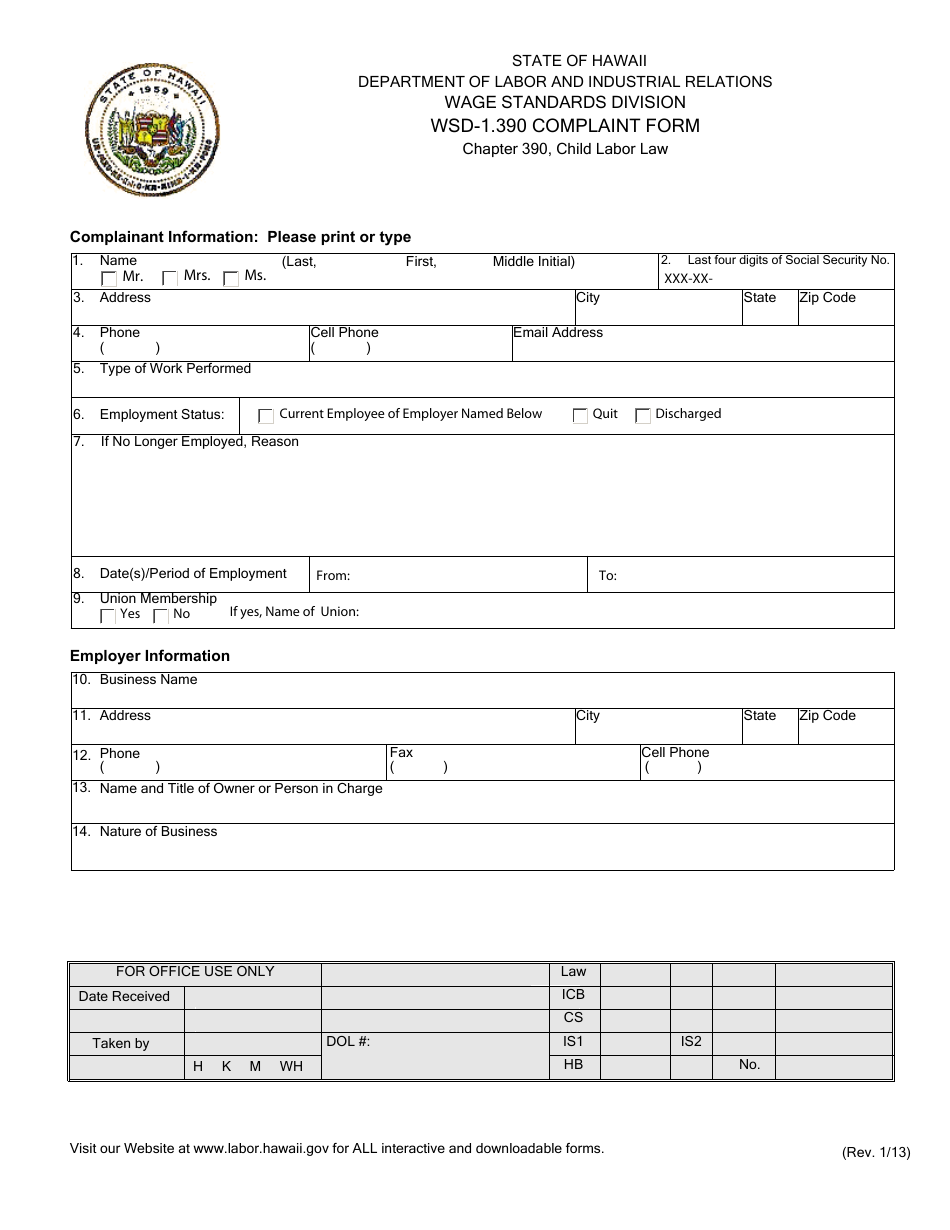 Form WSD-1.390 Complaint Form - Hawaii, Page 2