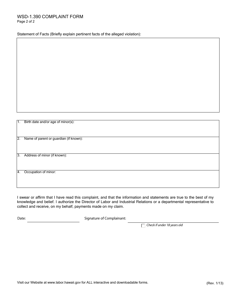 Form WSD-1.390 Complaint Form - Hawaii, Page 3