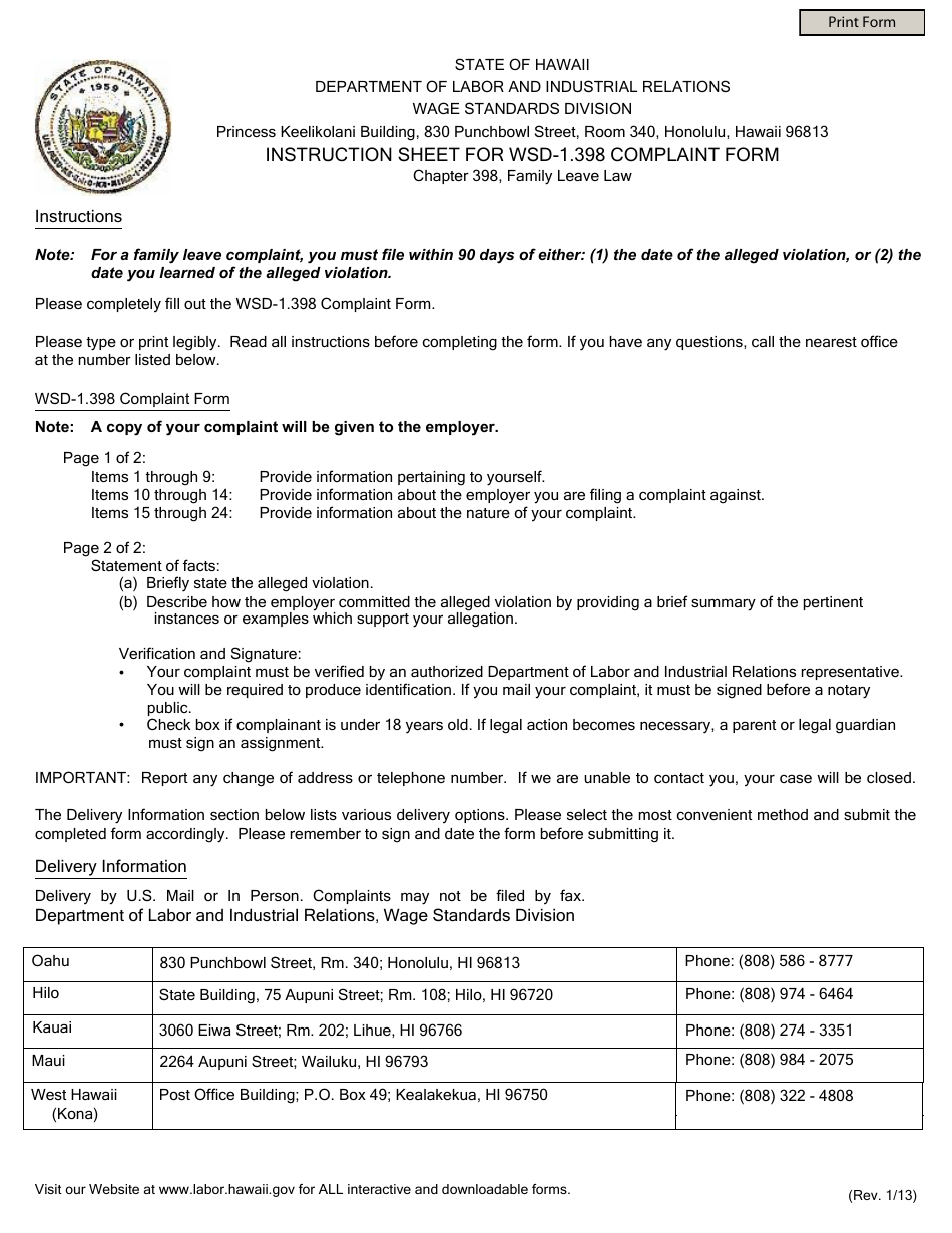 Form WSD-1.398 Complaint Form - Hawaii, Page 1