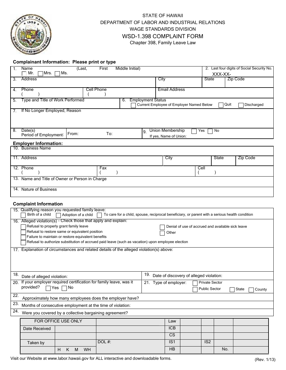 Form WSD-1.398 Complaint Form - Hawaii, Page 2