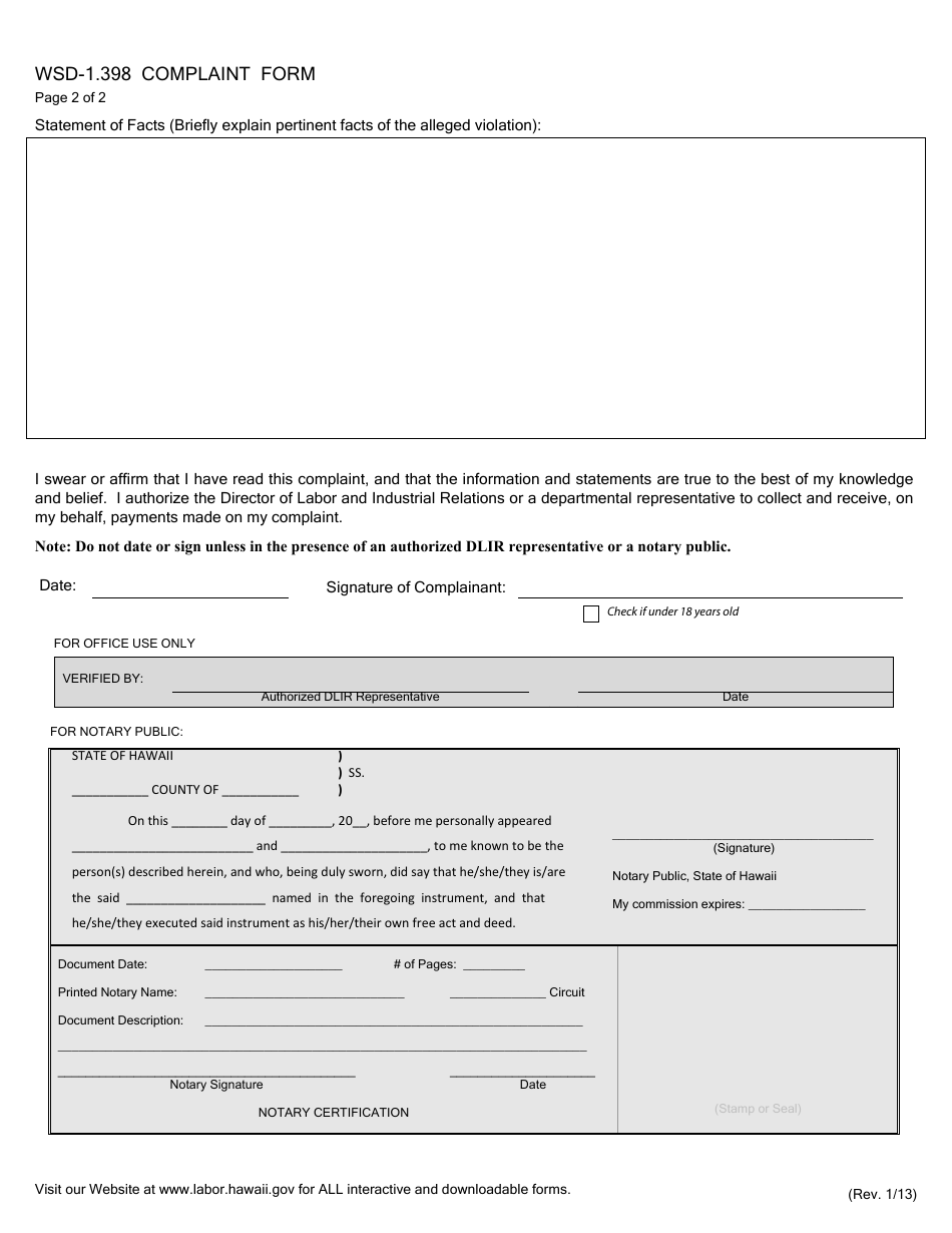 Form WSD-1.398 Complaint Form - Hawaii, Page 3