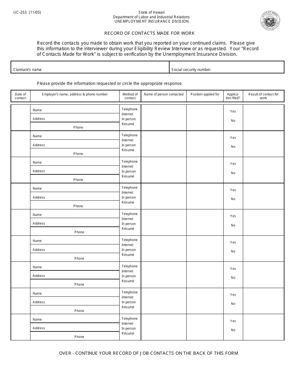 Form UC-253 Record of Contacts Made for Work - Hawaii, Page 1