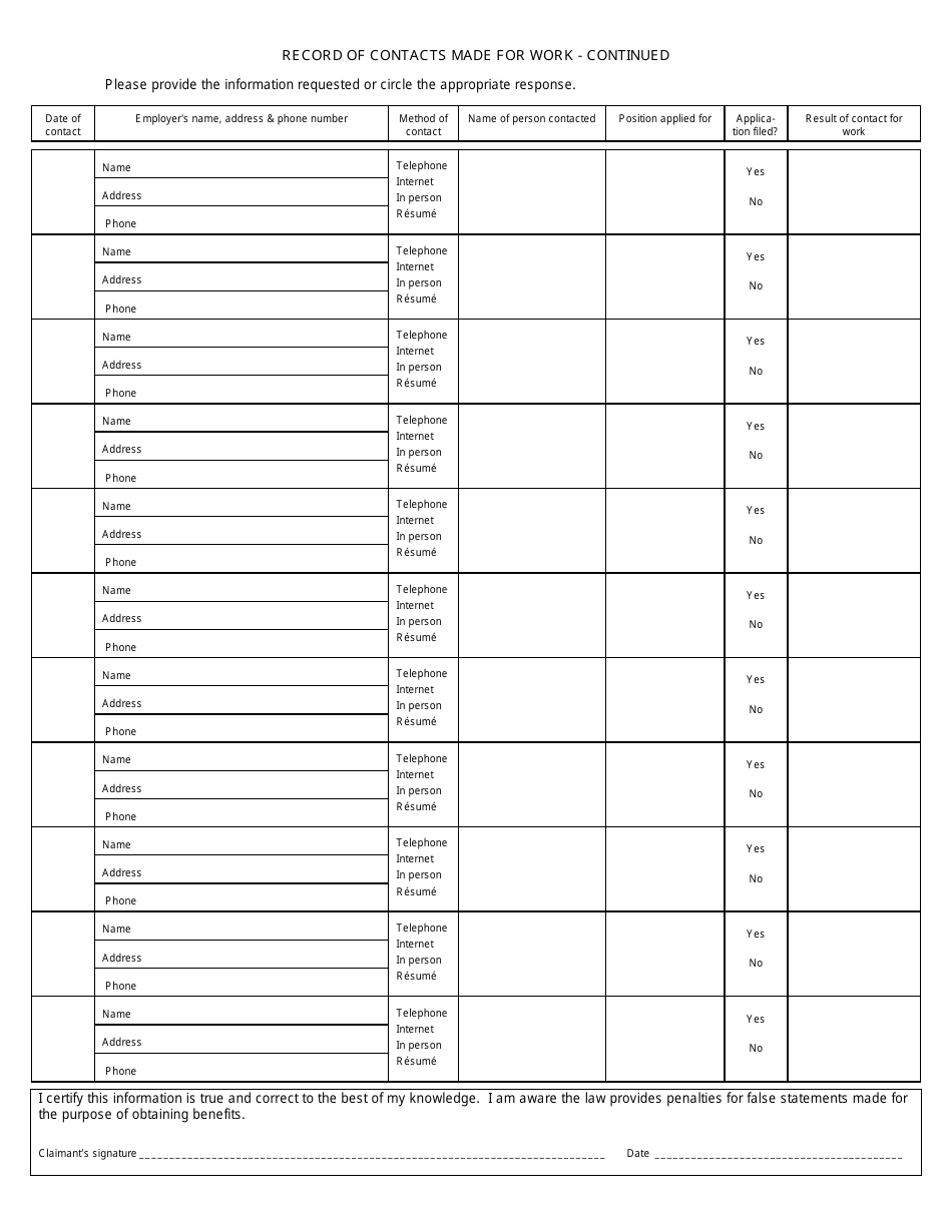 Form UC-253 Record of Contacts Made for Work - Hawaii, Page 2