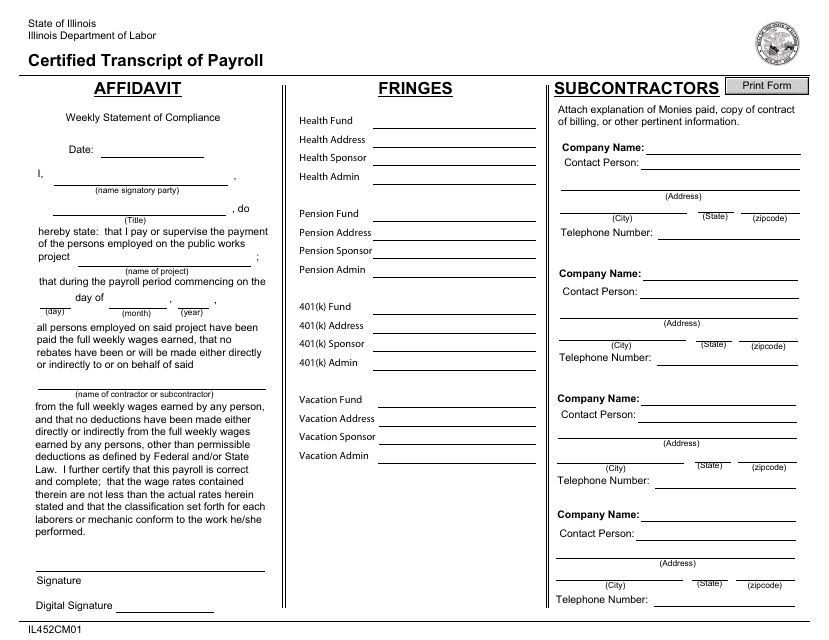Form IL452CM01 Certified Transcript of Payroll - Illinois