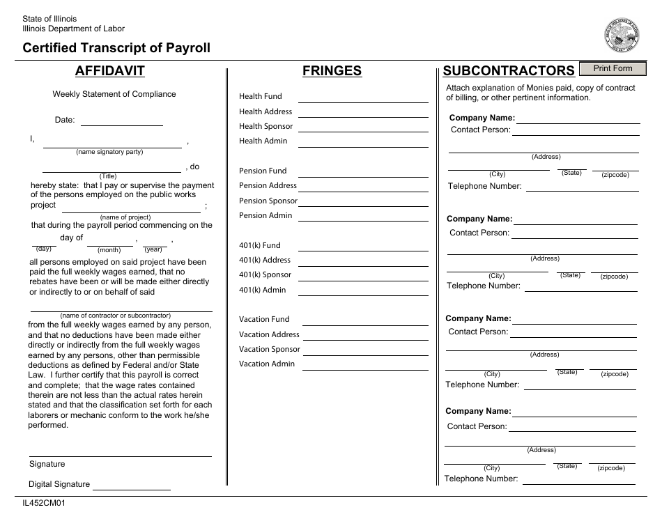 Form IL452CM01 Certified Transcript of Payroll - Illinois, Page 1