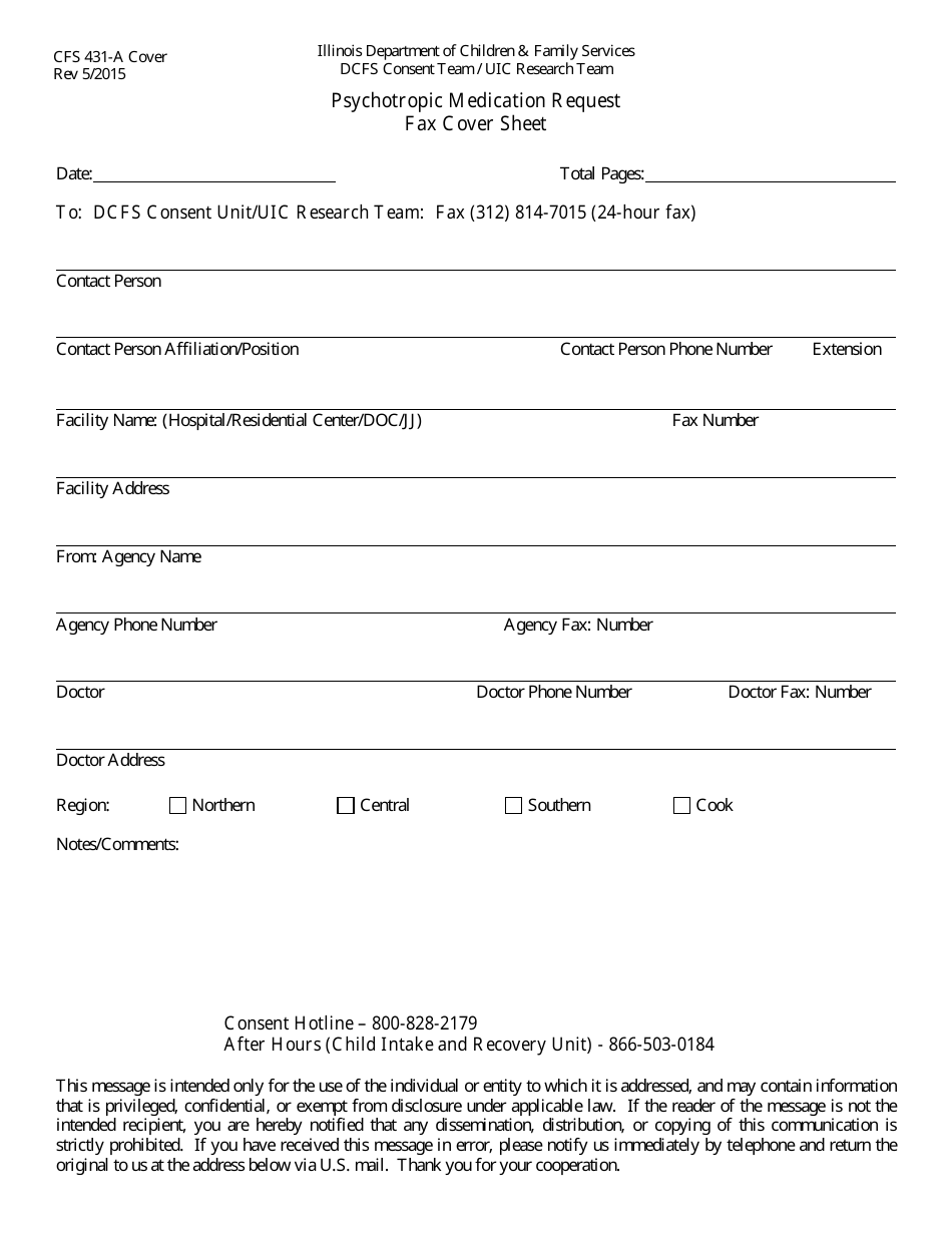 Form CFS431-A Psychotropic Medication Request Fax Cover Sheet - Illinois, Page 1