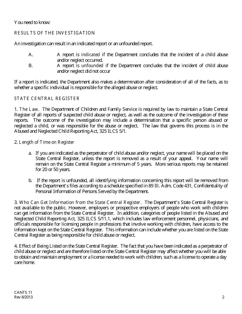 Form CANTS11 Notification of Decision in an Employment Related Report of Child Abuse and / or Neglect - Illinois, Page 2