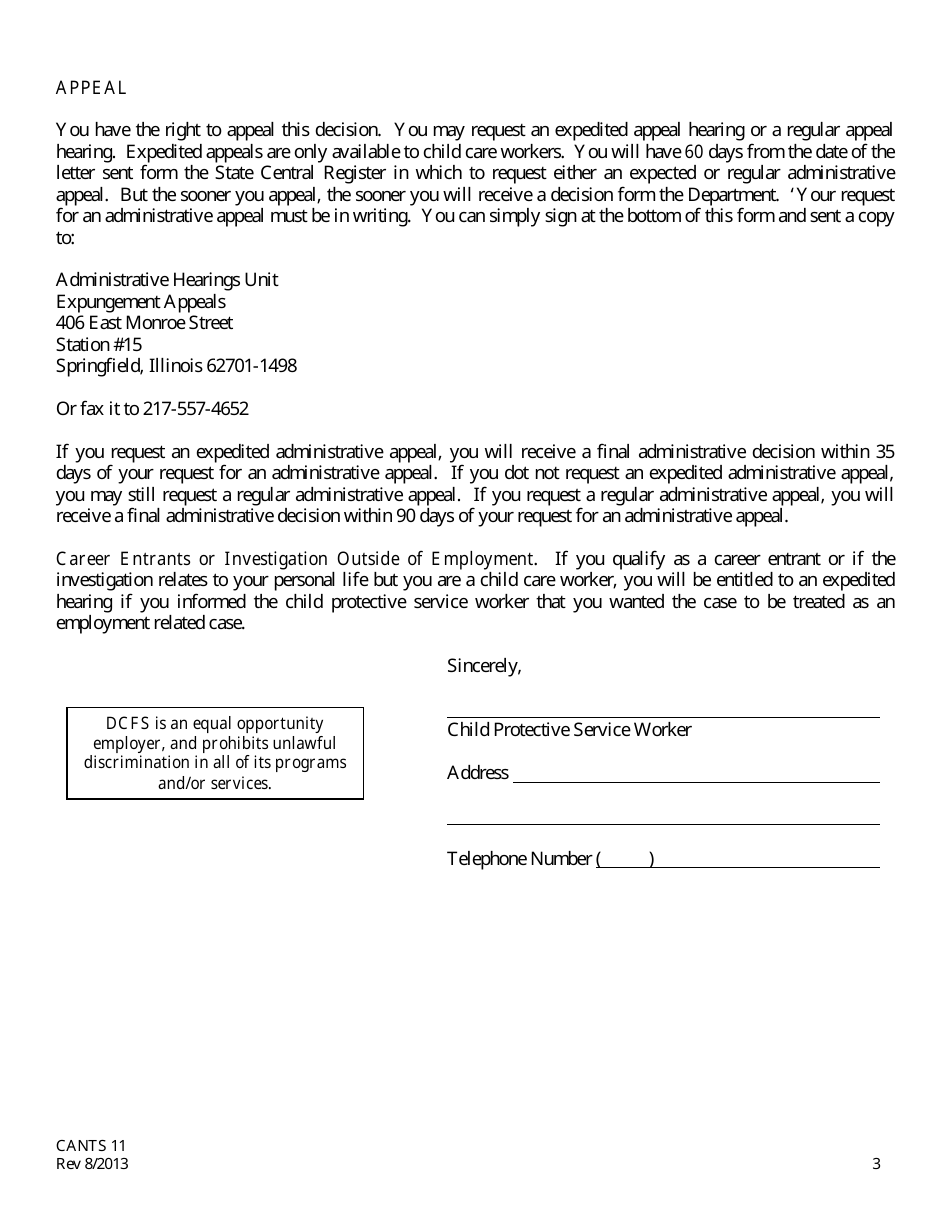 Form CANTS11 Notification of Decision in an Employment Related Report of Child Abuse and / or Neglect - Illinois, Page 3