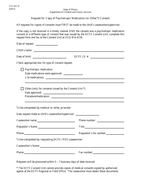 Form CFS431-D Request for Copy of Psychotropic Medication (Or Other) Consent - Illinois