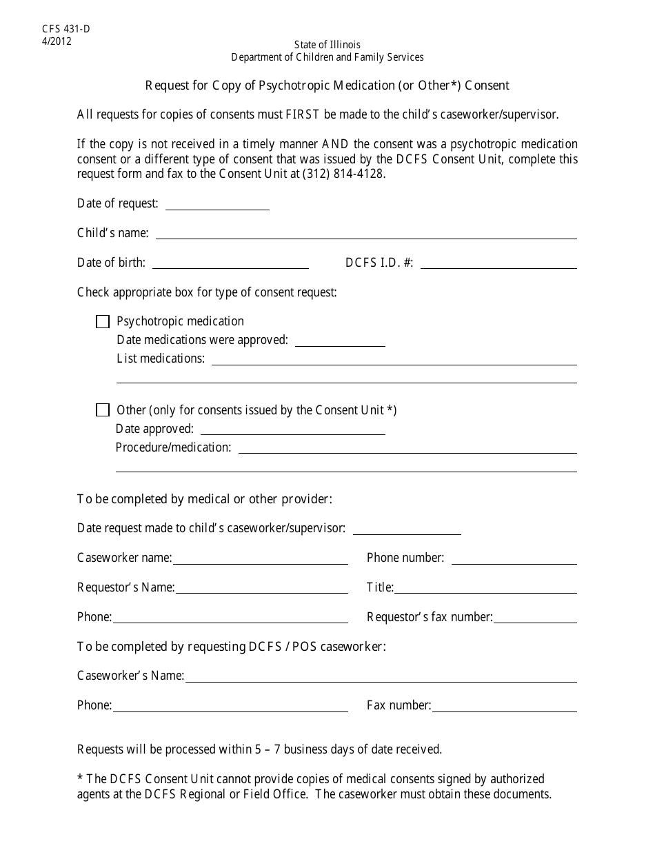 Form CFS431-D Request for Copy of Psychotropic Medication (Or Other) Consent - Illinois, Page 1
