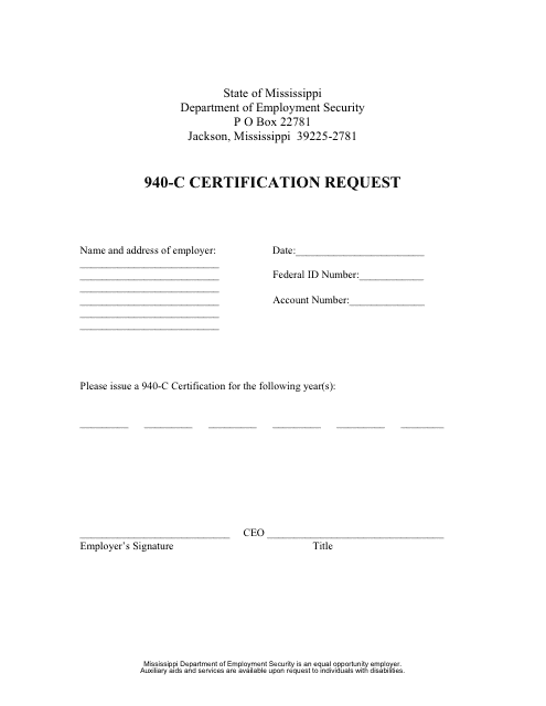 940-c Certification Request Form - Mississippi
