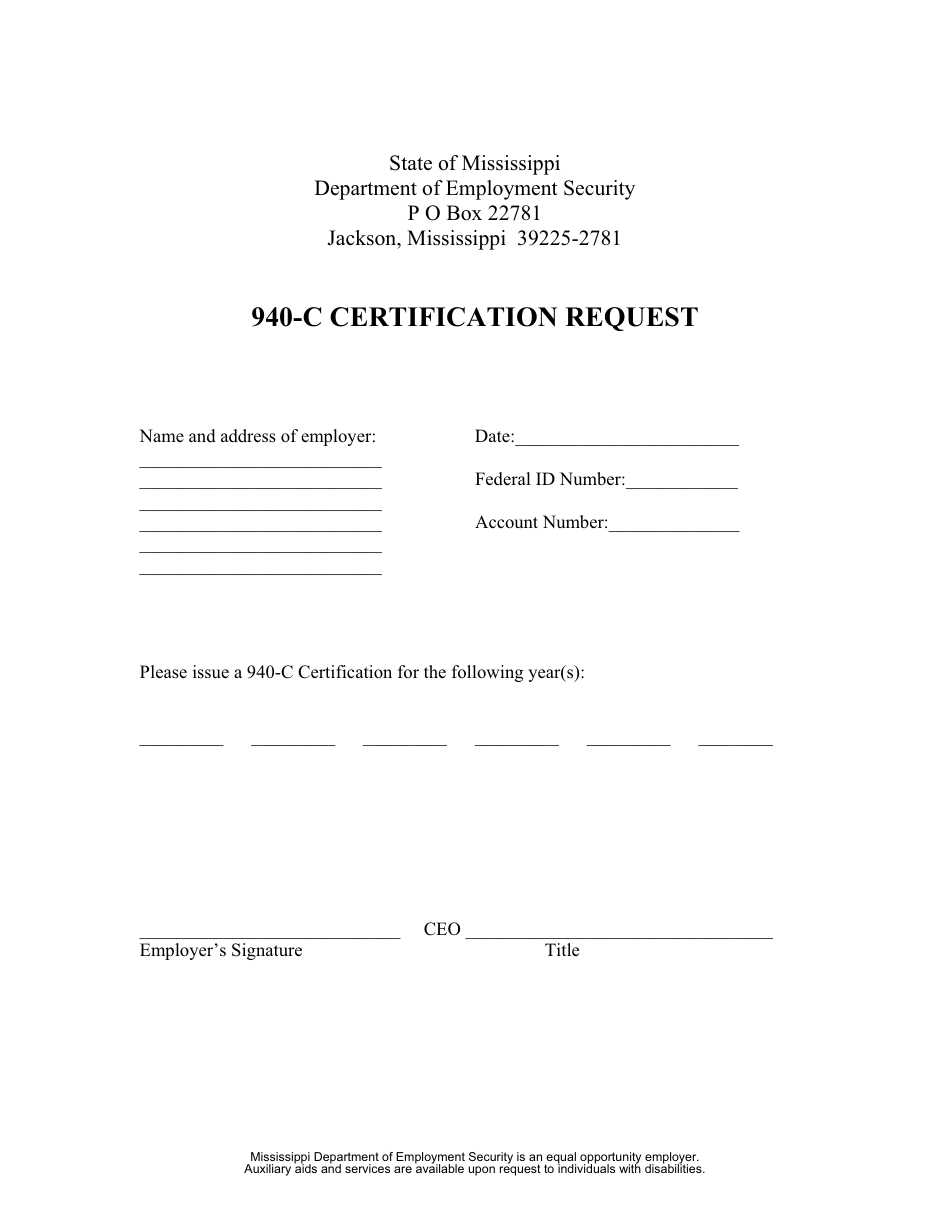 940-c Certification Request Form - Mississippi, Page 1