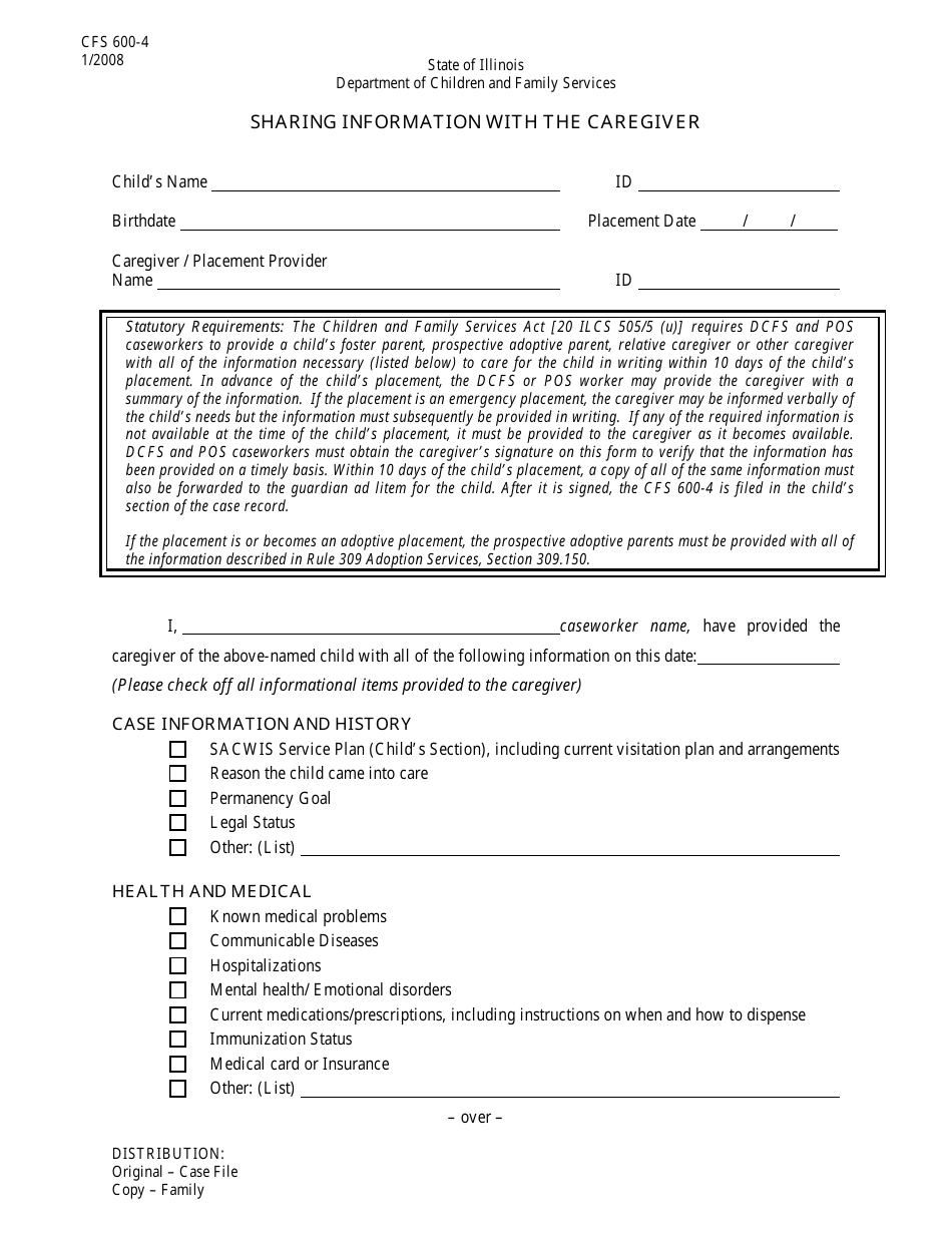 Form CFS600-4 Sharing Information With the Caregiver - Illinois, Page 1