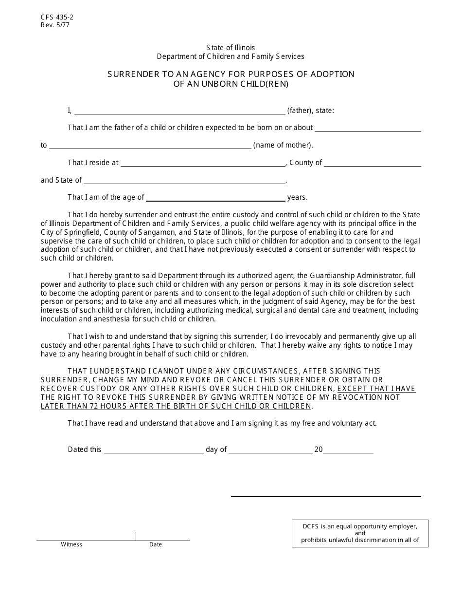 Form CFS435-2 Surrender to an Agency for Purposes of Adoption of an Unborn Child(Ren) - Illinois, Page 1
