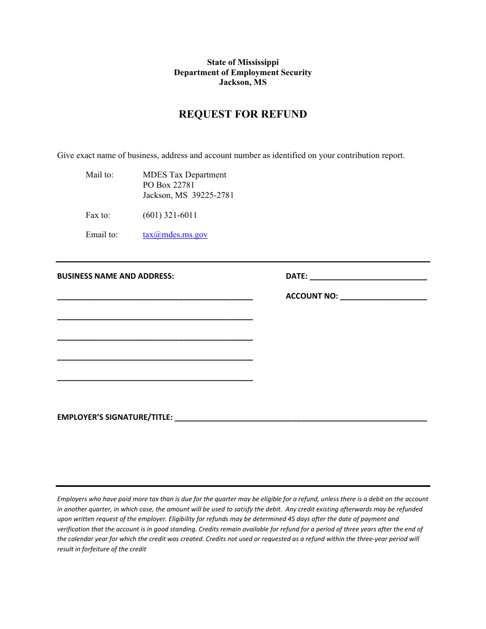 Refund Request Form - Mississippi, Page 1