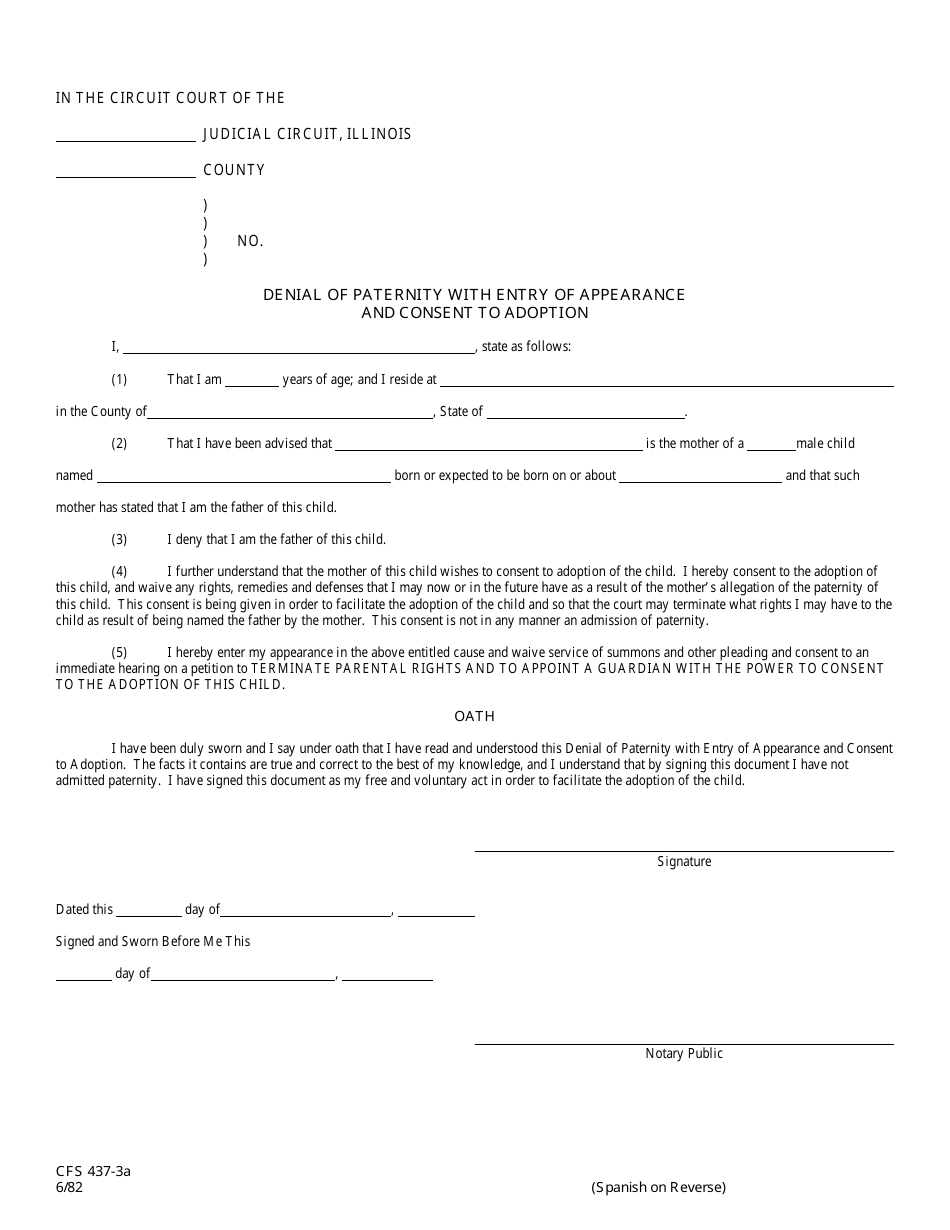 Form CFS437-3A Denial of Paternity With Entry of Appearance and Consent to Adoption - Illinois, Page 1