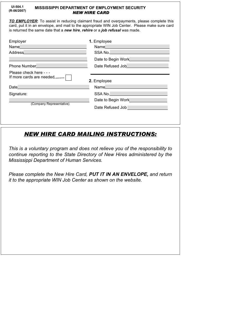 Form UI-504.1 New Hire Card - Mississippi, Page 1