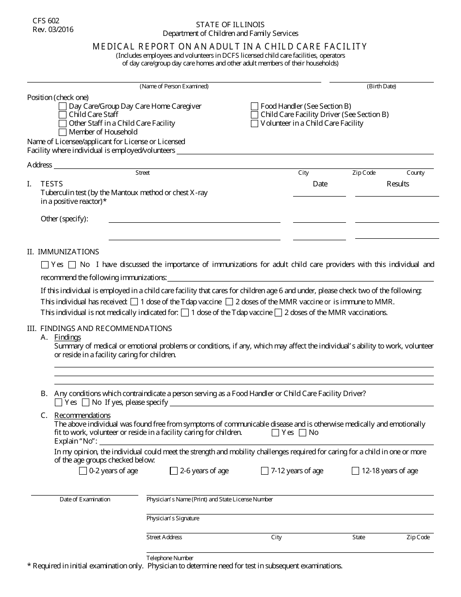 Form CFS602 Medical Report on an Adult in a Child Care Facility - Illinois, Page 1