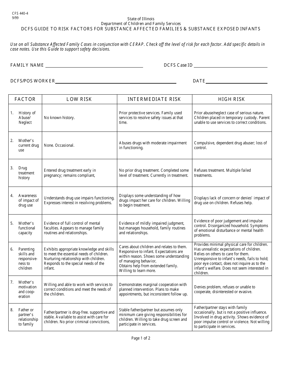 Form CFS440-4 Dcfs Guide to Risk Factors for Substance Affected Families  Substance Exposed Infants - Illinois, Page 1