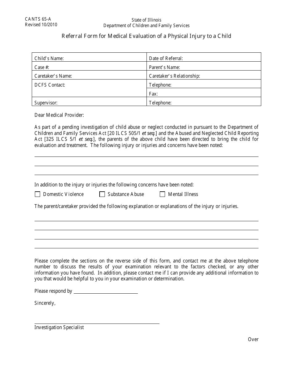 Form CANTS65-A Referral Form for Medical Evaluation of a Physical Injury to a Child - Illinois, Page 1