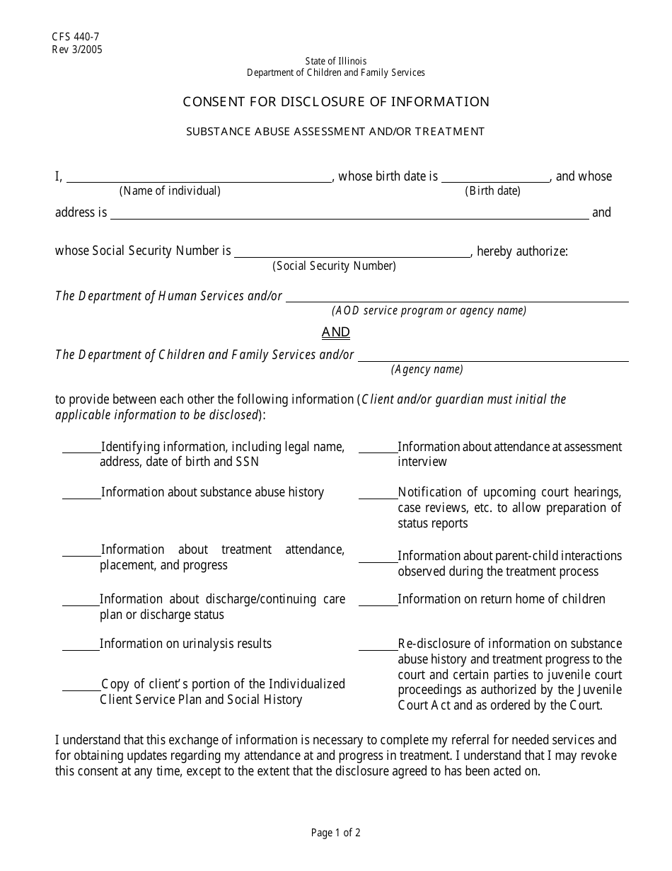 Form CFS440-7 Consent for Disclosure of Information; Substance Abuse Assessment and/or Treatment - Illinois, Page 1