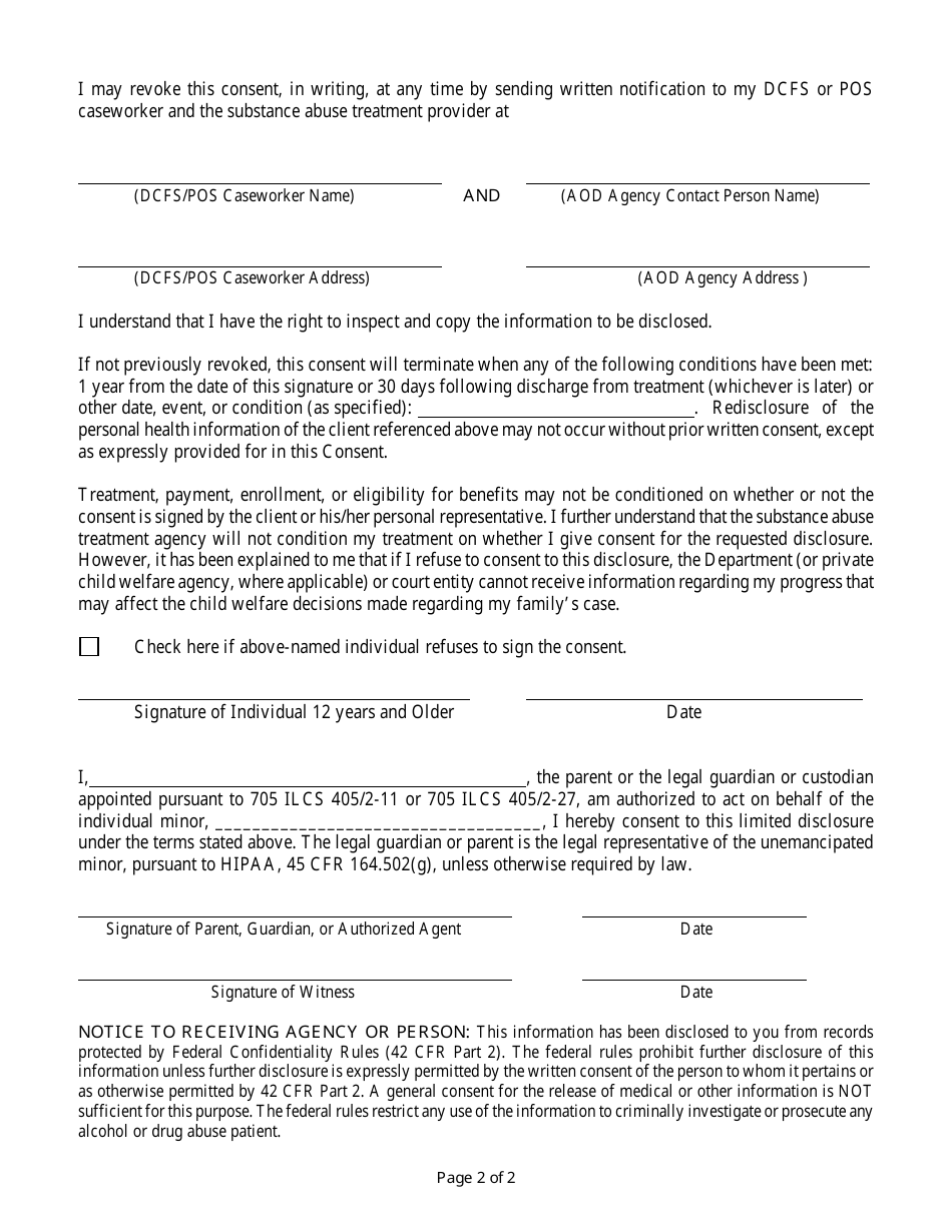 Form CFS440-7 Consent for Disclosure of Information; Substance Abuse Assessment and / or Treatment - Illinois, Page 2