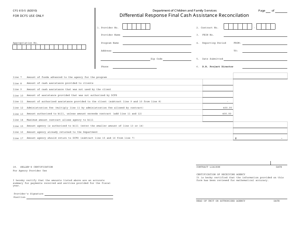 Form CFS613-5 Differential Response Final Cash Assistance Reconciliation - Illinois, Page 1