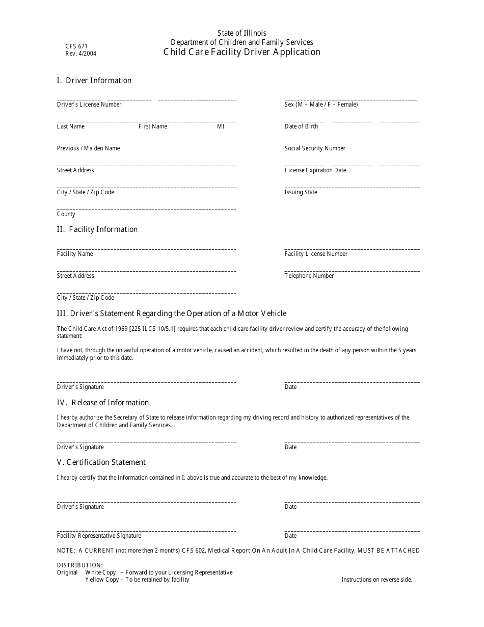 Form CFS671 Child Care Facility Driver Application - Illinois, Page 1