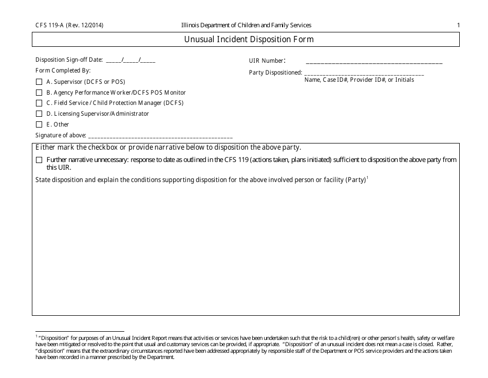 Form CFS119-A Unusual Incident Disposition Form - Illinois, Page 1