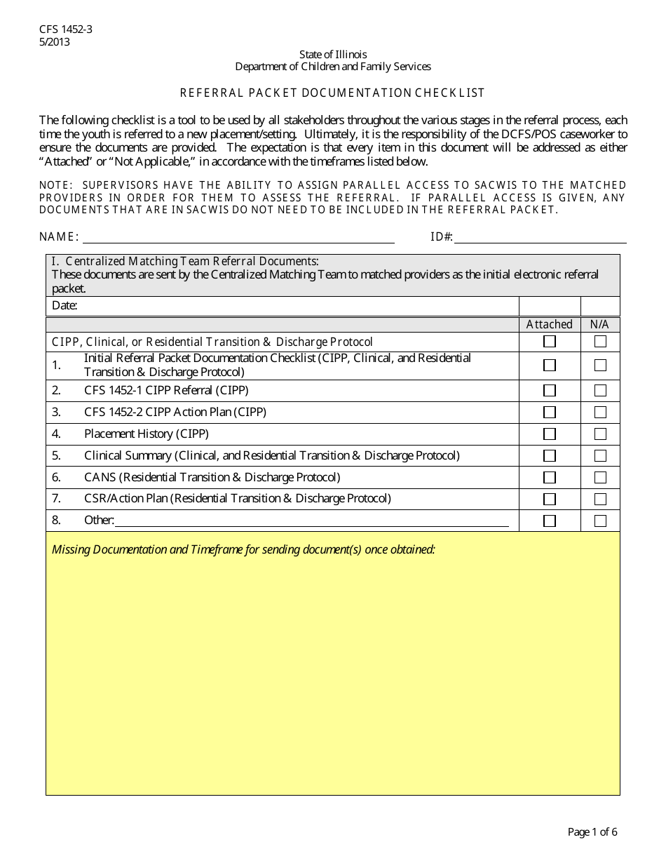 Form CFS1452-3 Referral Packet Documentation Checklist - Illinois, Page 1