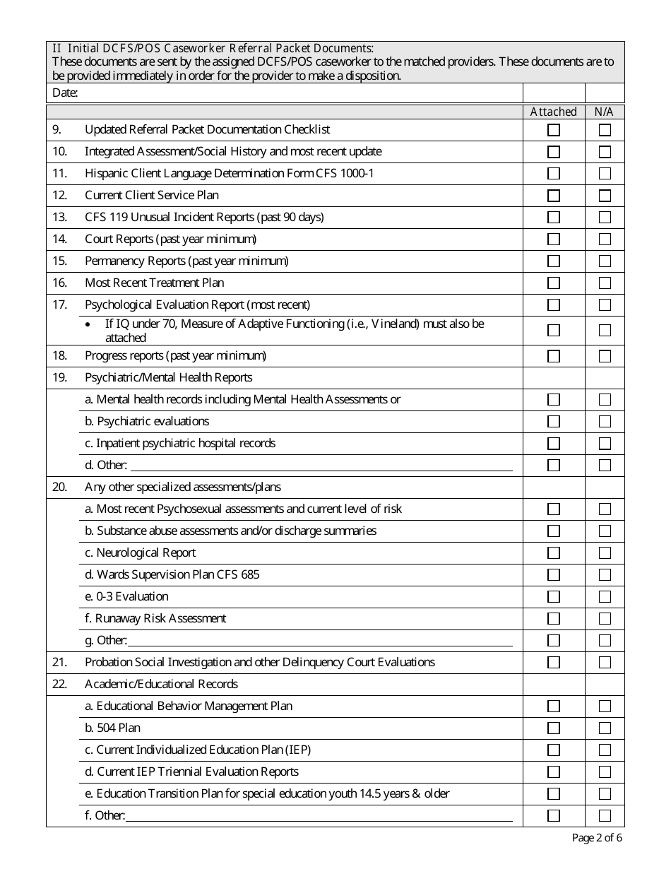 Form CFS1452-3 Referral Packet Documentation Checklist - Illinois, Page 2
