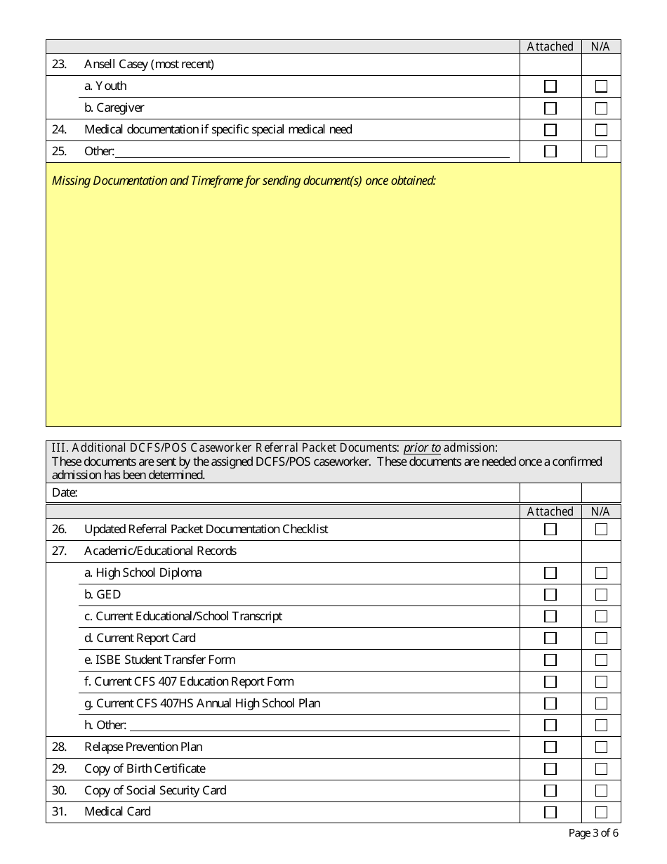 Form CFS1452-3 Referral Packet Documentation Checklist - Illinois, Page 3