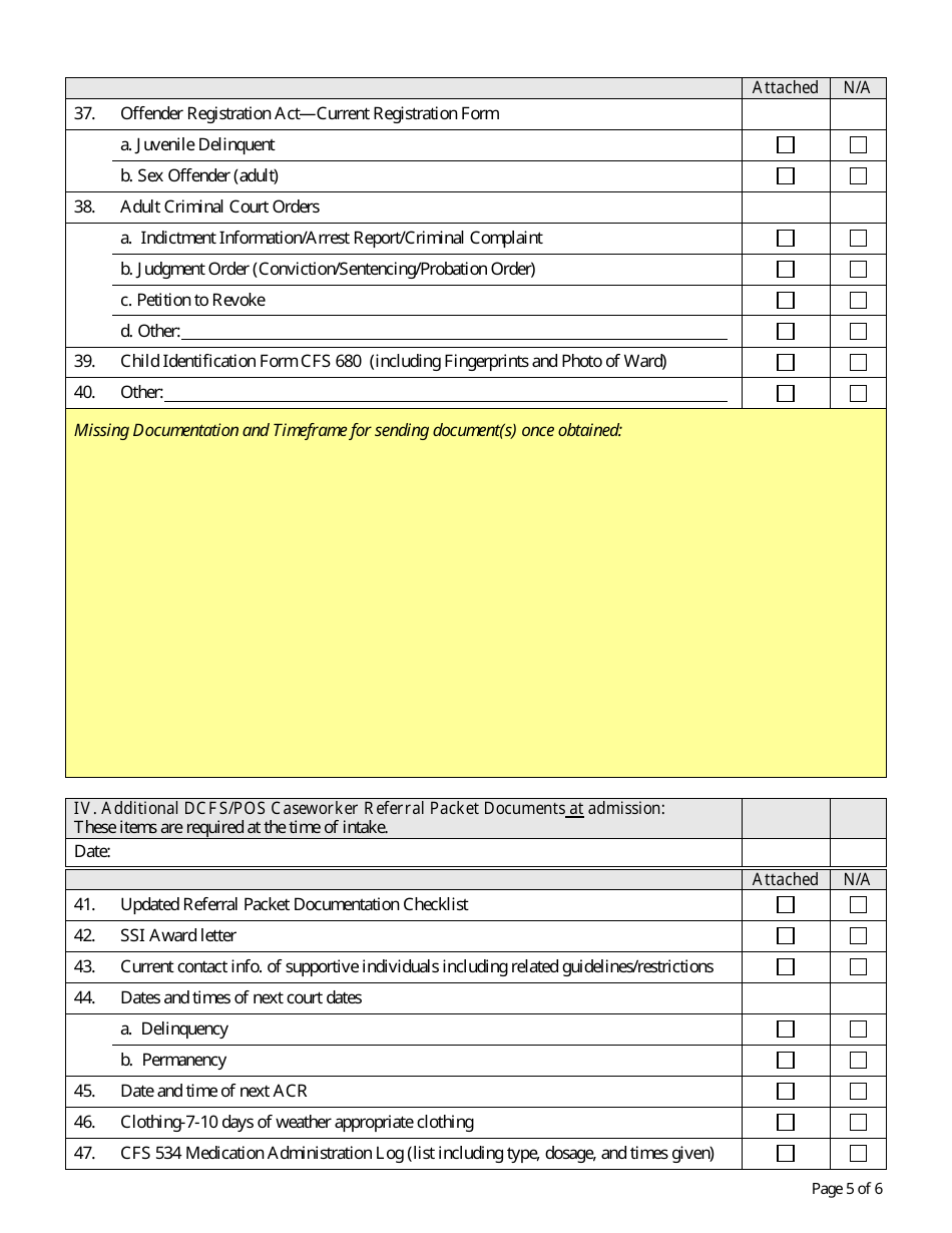 Form CFS1452-3 Referral Packet Documentation Checklist - Illinois, Page 5