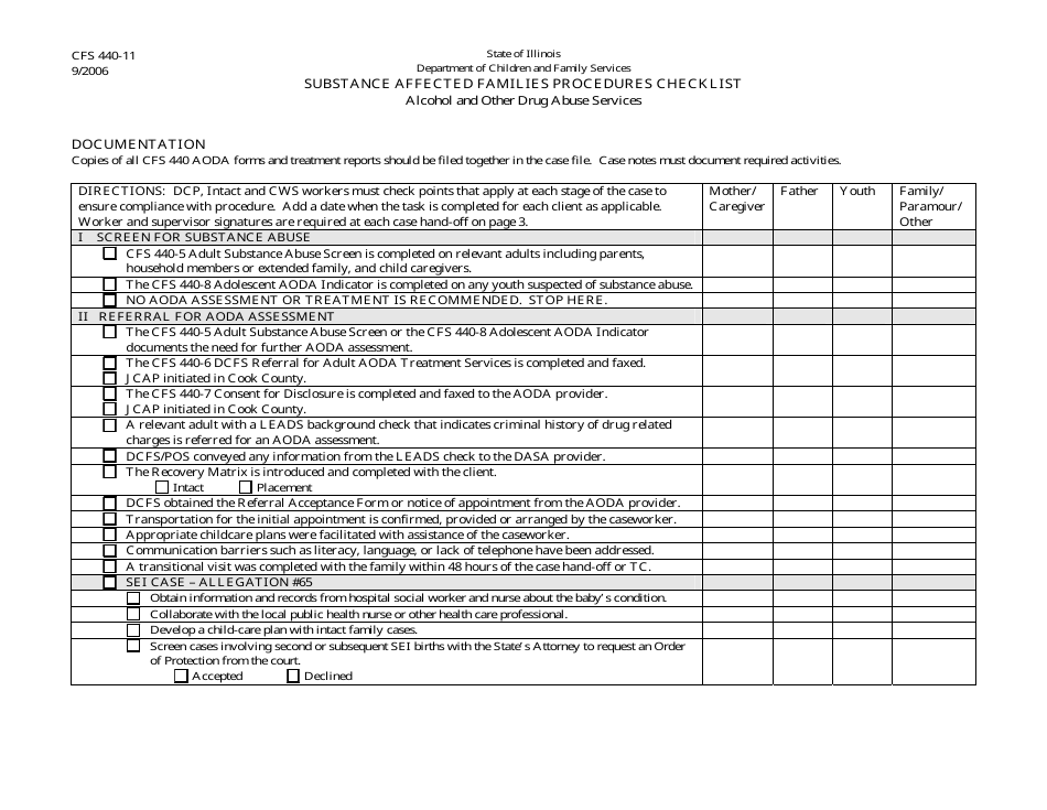 Form CFS440-11 Substance Affected Families Procedures Checklist - Illinois, Page 1