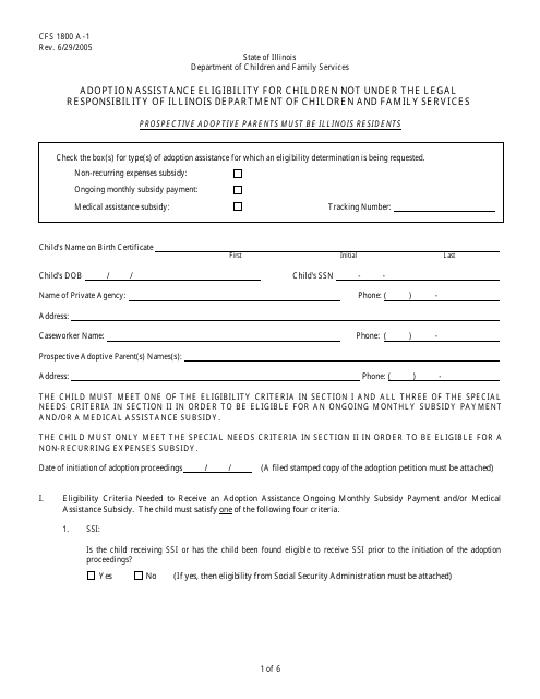 Form CFS1800 A-1 Adoption Assistance Eligibility for Children Not Under the Legal Responsibility of Illinois Department of Children and Family Services - Illinois