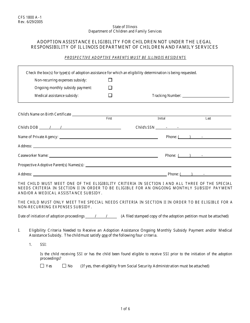 Form CFS1800 A-1 Adoption Assistance Eligibility for Children Not Under the Legal Responsibility of Illinois Department of Children and Family Services - Illinois, Page 1