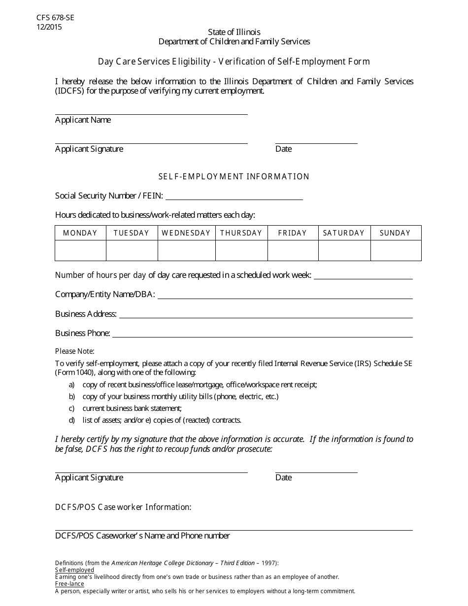 Form CFS678-SE Day Care Services Eligibility - Verification of Self-employment Form - Illinois, Page 1